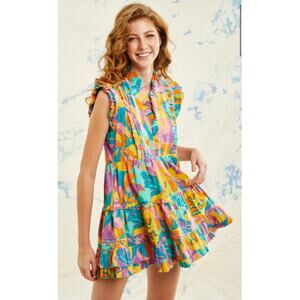 Love The Label Elana‎ Poplin Dress Multicolored Iris Print Pockets Size Medium